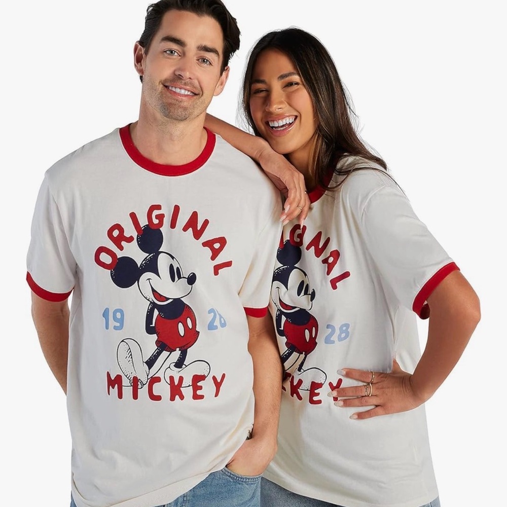 Disney White Ringer Tee with Red Trim and Vintage Print
